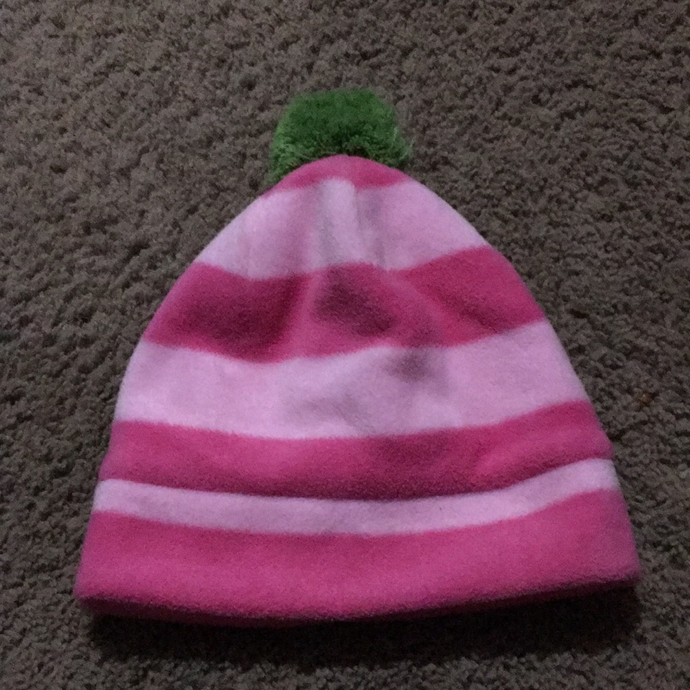 Girls Gap fleece lined pink striped winter hat with green ball at top. Sz L/XL